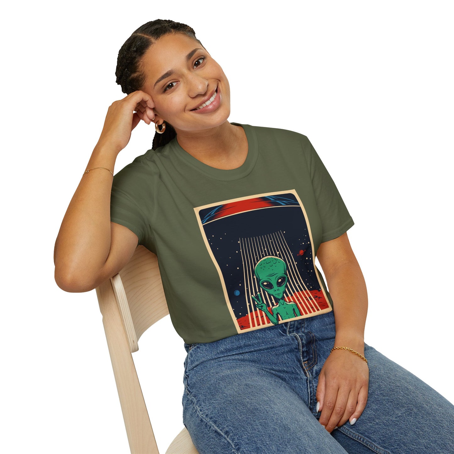 Cosmic Alien Peace Unisex Softstyle T-Shirt, Vintage UFO Tee, Space Lover Gift, Sci-Fi Fan Shirt, Trendy Graphic Tee, GraphicTees, t-shirts