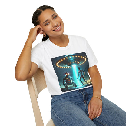 Alien Encounter Unisex Softstyle T-Shirt | Sci-Fi Fan Gift, Superhero Tee, UFO Shirt, Casual Wear, Unique Graphic T-Shirt