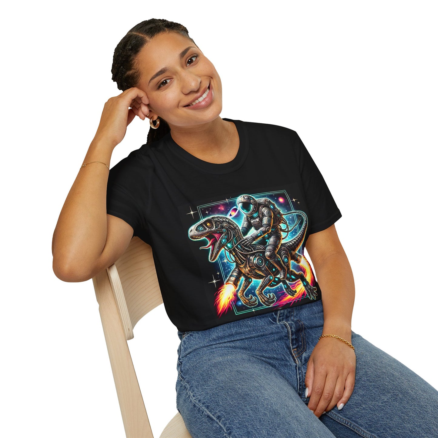 Cosmic Dinosaur Rider Softstyle T-Shirt | Fun Graphic Tee, Unique Gift, Space Lover Shirt, Sci-Fi Enthusiast Apparel