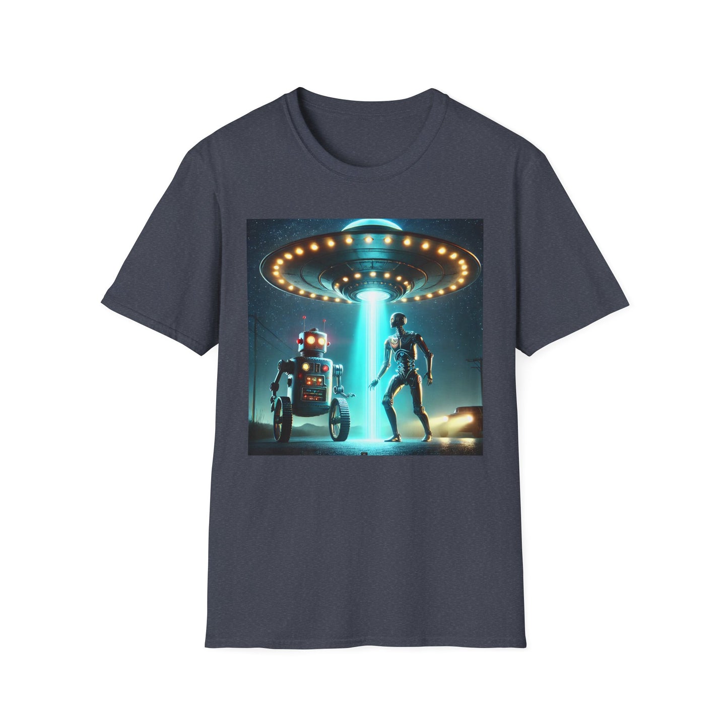 Alien Encounter Unisex Softstyle T-Shirt | Sci-Fi Fan Gift, Superhero Tee, UFO Shirt, Casual Wear, Unique Graphic T-Shirt