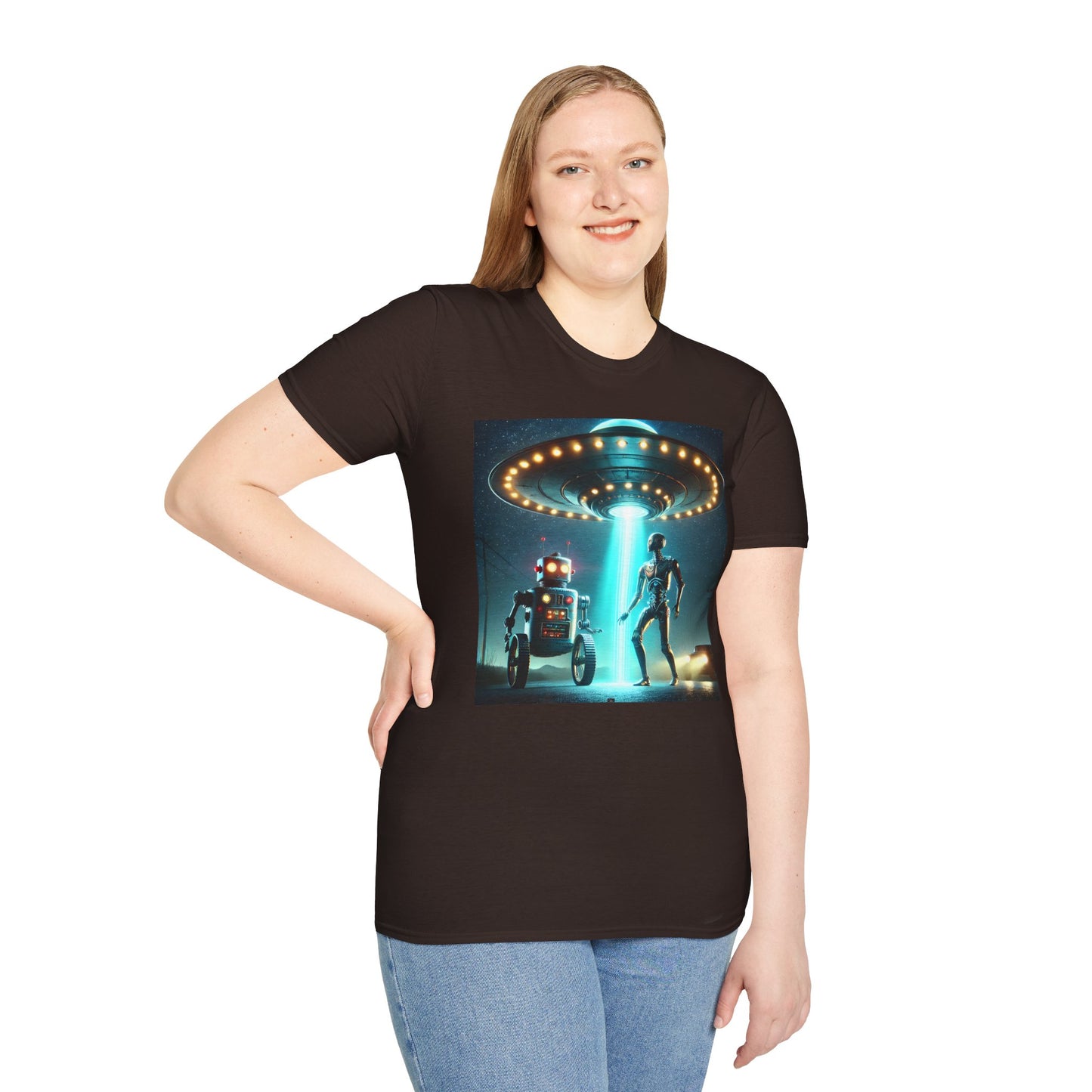 Alien Encounter Unisex Softstyle T-Shirt | Sci-Fi Fan Gift, Superhero Tee, UFO Shirt, Casual Wear, Unique Graphic T-Shirt