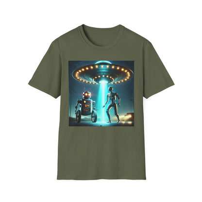 Alien Encounter Unisex Softstyle T-Shirt | Sci-Fi Fan Gift, Superhero Tee, UFO Shirt, Casual Wear, Unique Graphic T-Shirt