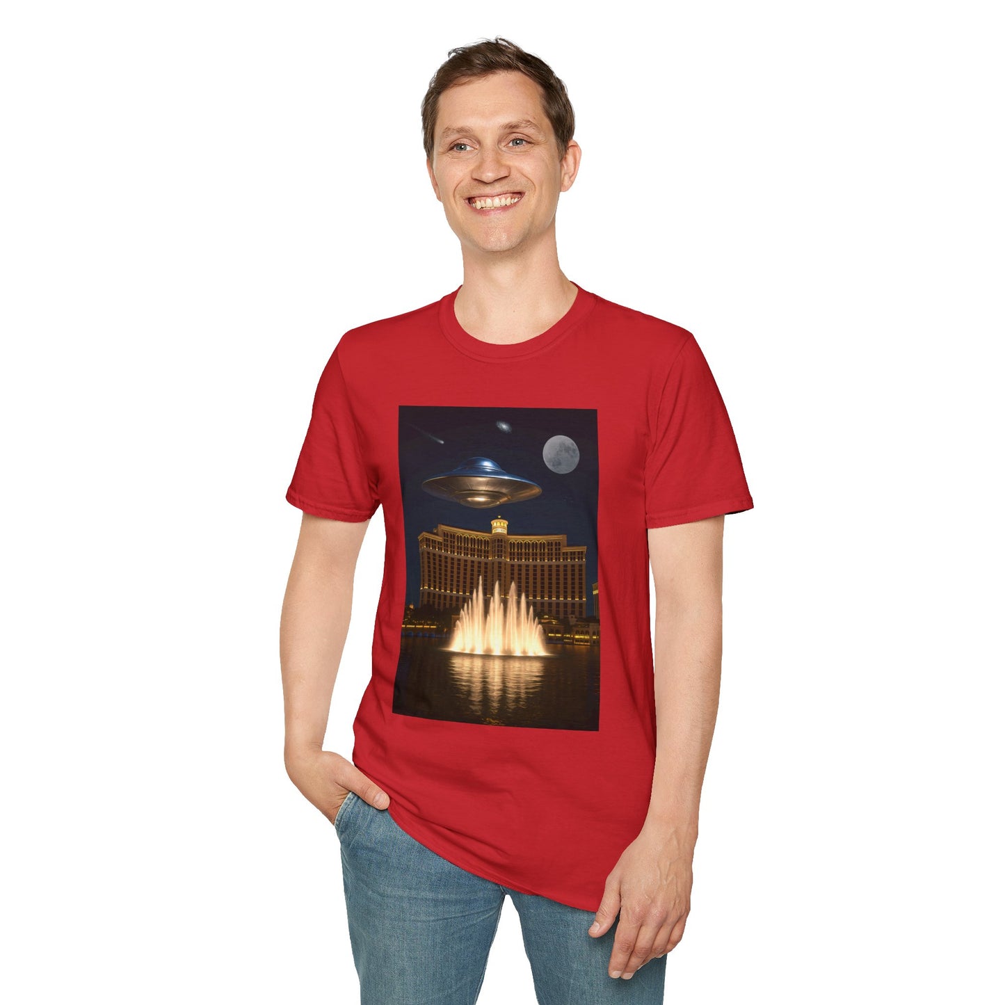 UFO over Las Vegas, Cosmic Vibes Unisex T-Shirt - UFO & Moon Design, Relaxed Fit Tee for Space Lovers, Gift for Sci-Fi Fans, Casual Wear, Everyday Essentials, t-shirt, tshirt, png