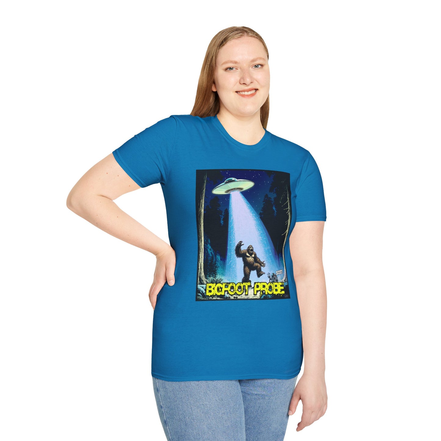 Bigfoot Probe Unisex Softstyle T-Shirt - Fun UFO Graphic Tee, Perfect Gift, Halloween, Nerd Culture, Outdoors, Alien, Graphic tees, t-shirts, Graphic design, t-shirts, tees