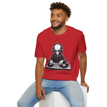 DJ Alien Graphic T-Shirt | Unisex Softstyle Tee for Music Lovers, Gifts for DJs, Cool Casual Wear, Festival Apparel, Unique Alien Design