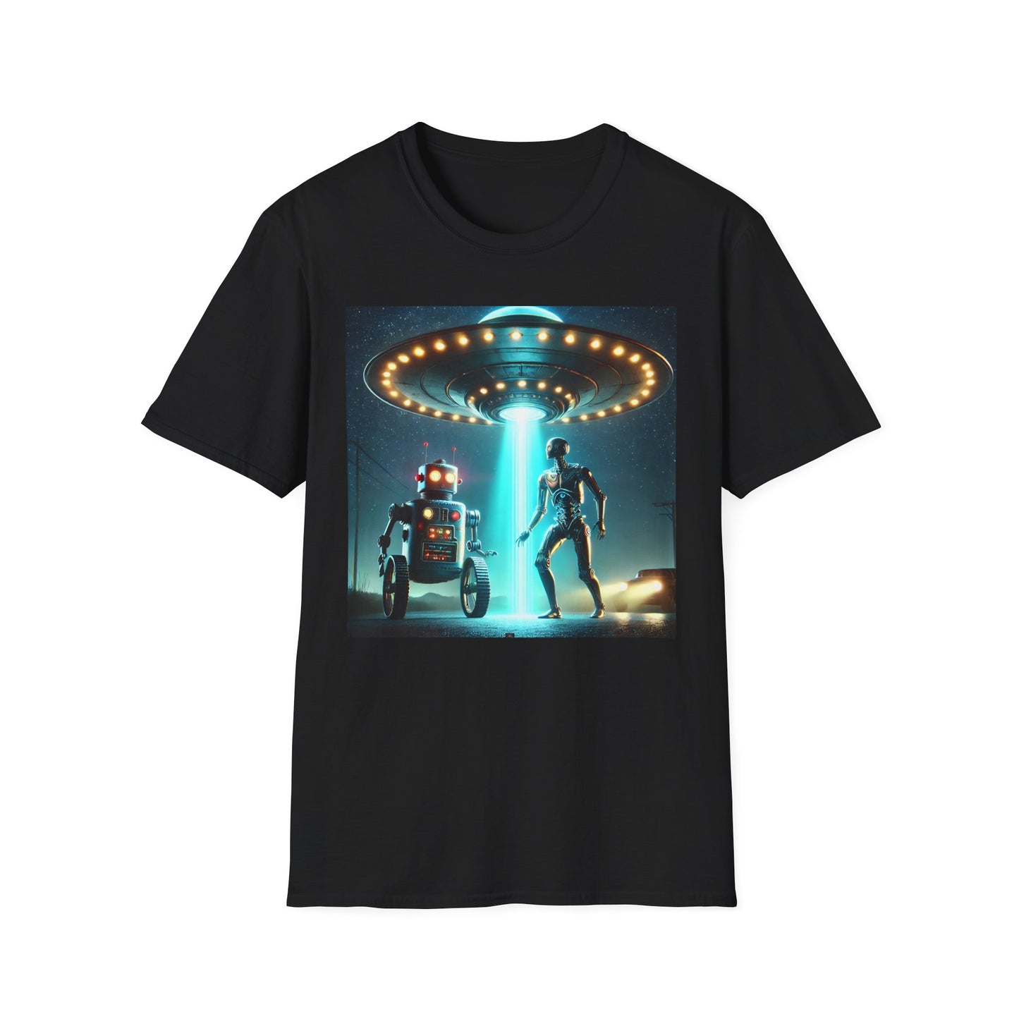 Alien Encounter Unisex Softstyle T-Shirt | Sci-Fi Fan Gift, Superhero Tee, UFO Shirt, Casual Wear, Unique Graphic T-Shirt