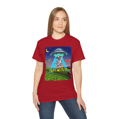Got Milk? Funny Unisex Ultra Cotton Tee - Humorous Cow and UFO Design, graphic tee, t-shirts, tshirt, png, sublimation