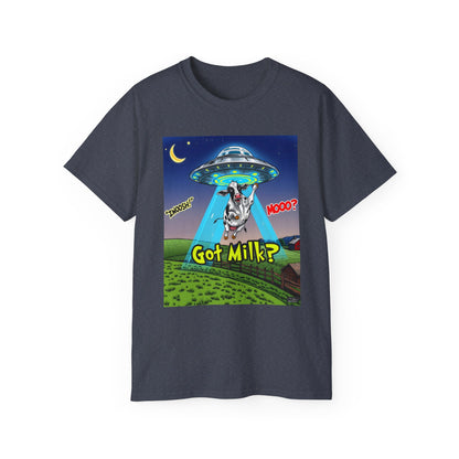 Got Milk? Funny Unisex Ultra Cotton Tee - Humorous Cow and UFO Design, graphic tee, t-shirts, tshirt, png, sublimation