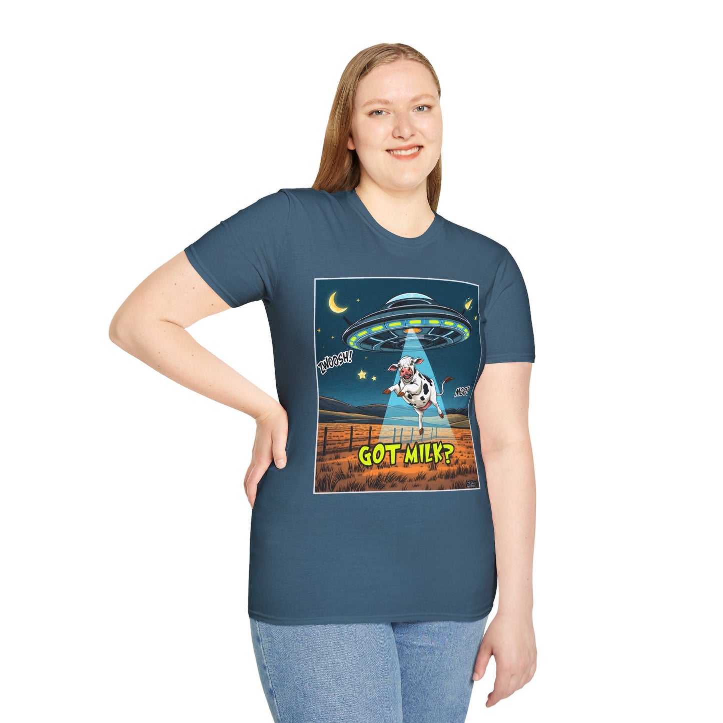 Got Milk? Cow UFO Unisex Softstyle T-Shirt – Fun Graphic Tee for Dairy Lovers, graphic tees, t-shirt, tshirt, graphic design, png