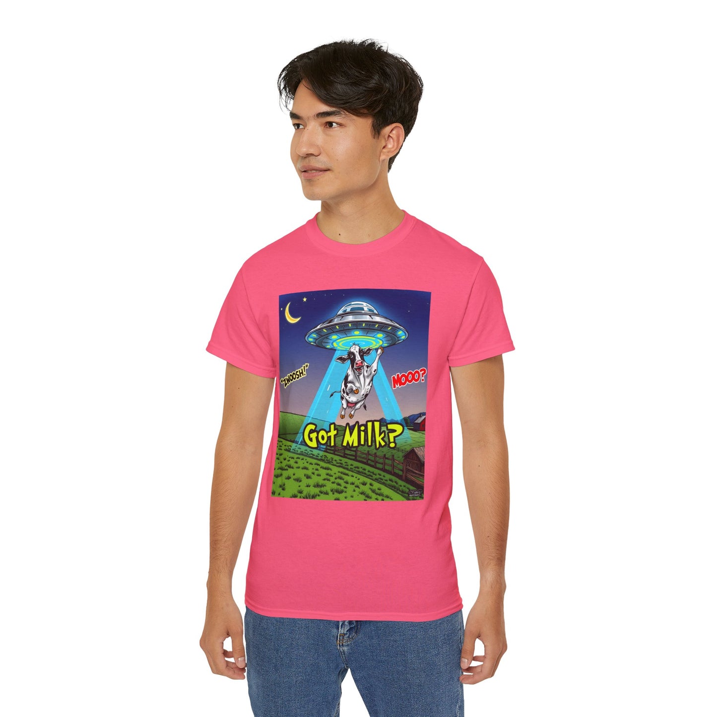 Got Milk? Funny Unisex Ultra Cotton Tee - Humorous Cow and UFO Design, graphic tee, t-shirts, tshirt, png, sublimation