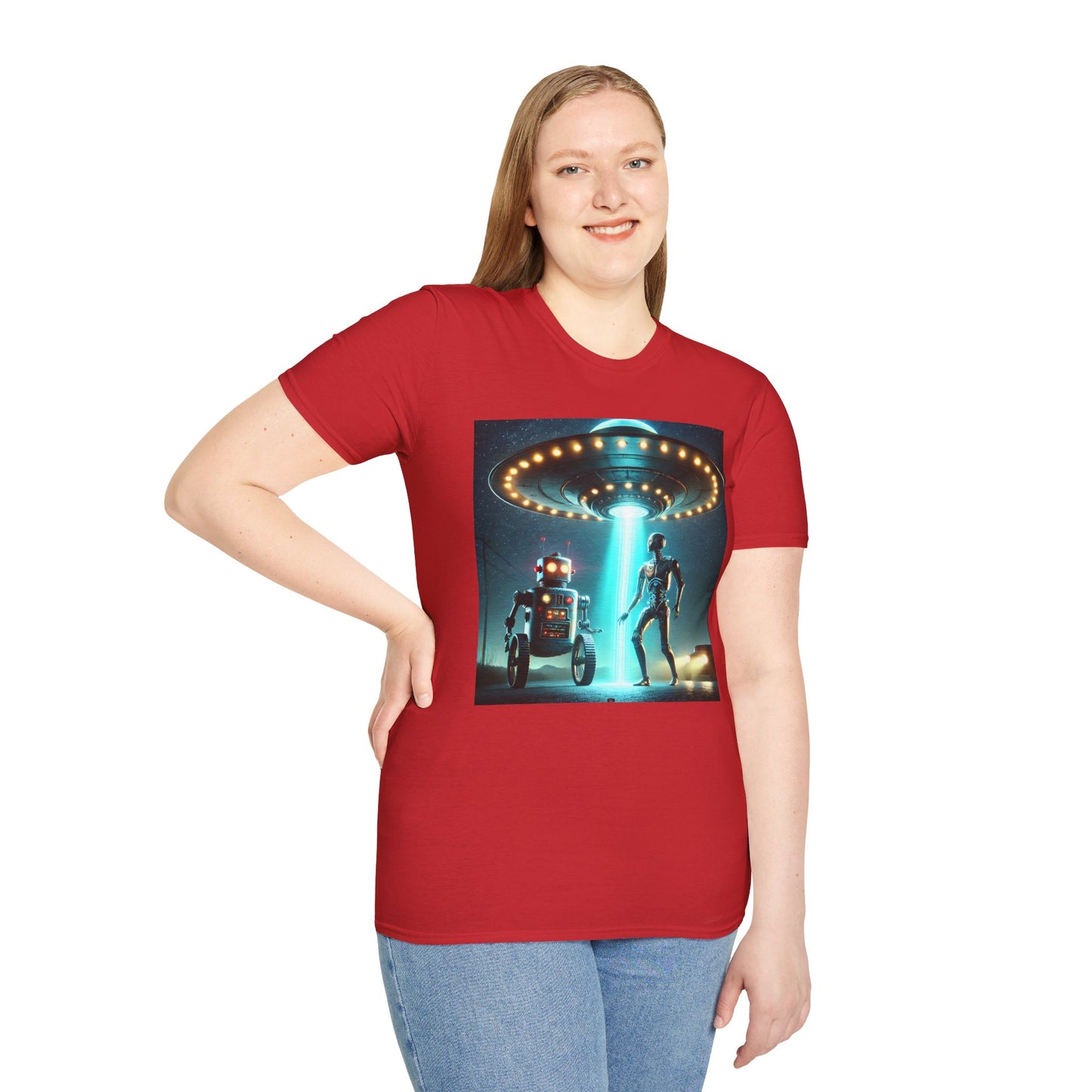Alien Encounter Unisex Softstyle T-Shirt | Sci-Fi Fan Gift, Superhero Tee, UFO Shirt, Casual Wear, Unique Graphic T-Shirt