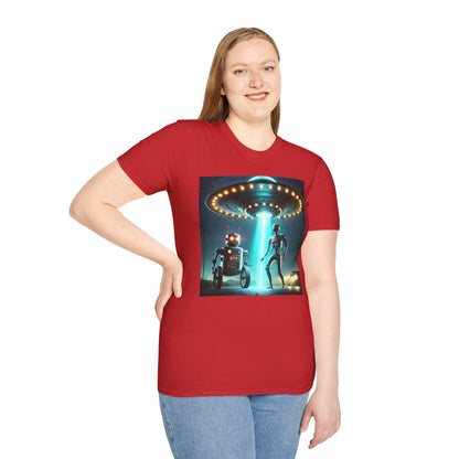 Alien Encounter Unisex Softstyle T-Shirt | Sci-Fi Fan Gift, Superhero Tee, UFO Shirt, Casual Wear, Unique Graphic T-Shirt
