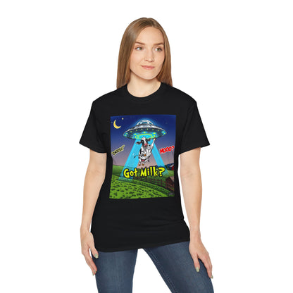 Got Milk? Funny Unisex Ultra Cotton Tee - Humorous Cow and UFO Design, graphic tee, t-shirts, tshirt, png, sublimation