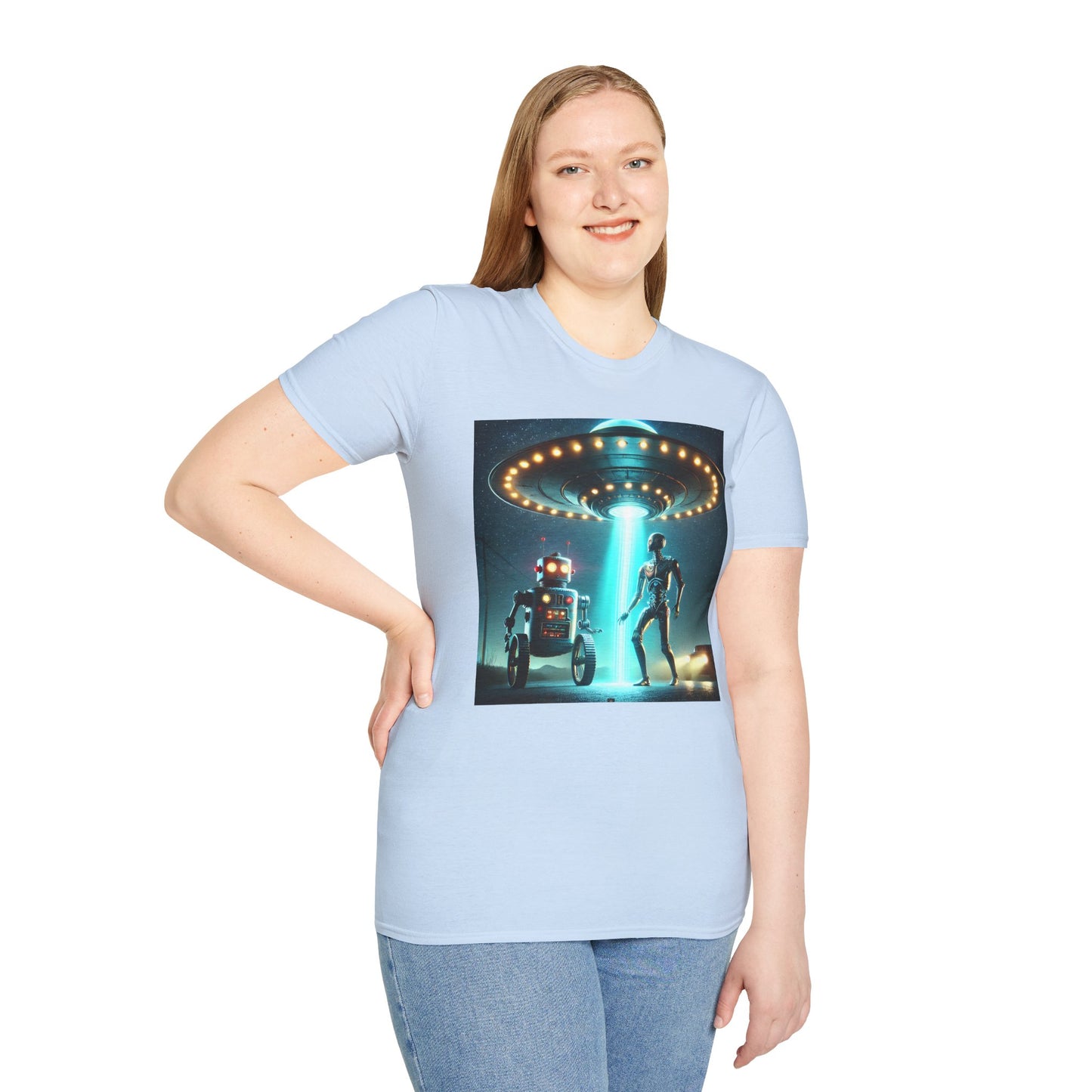 Alien Encounter Unisex Softstyle T-Shirt | Sci-Fi Fan Gift, Superhero Tee, UFO Shirt, Casual Wear, Unique Graphic T-Shirt