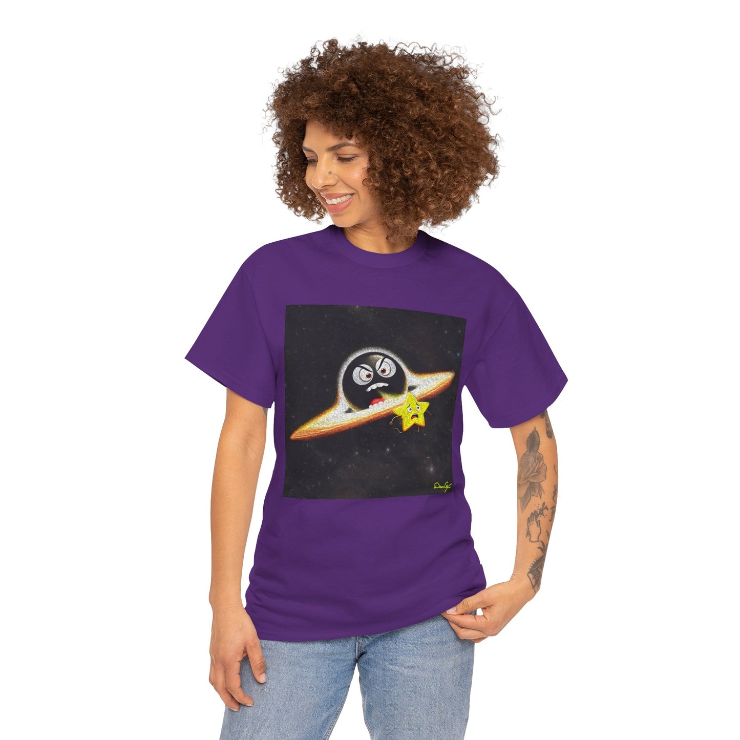 BlackHole Chasing Star, Space-Themed Unisex Heavy Cotton Tee with Cartoon Penguin Design, graphic design, png