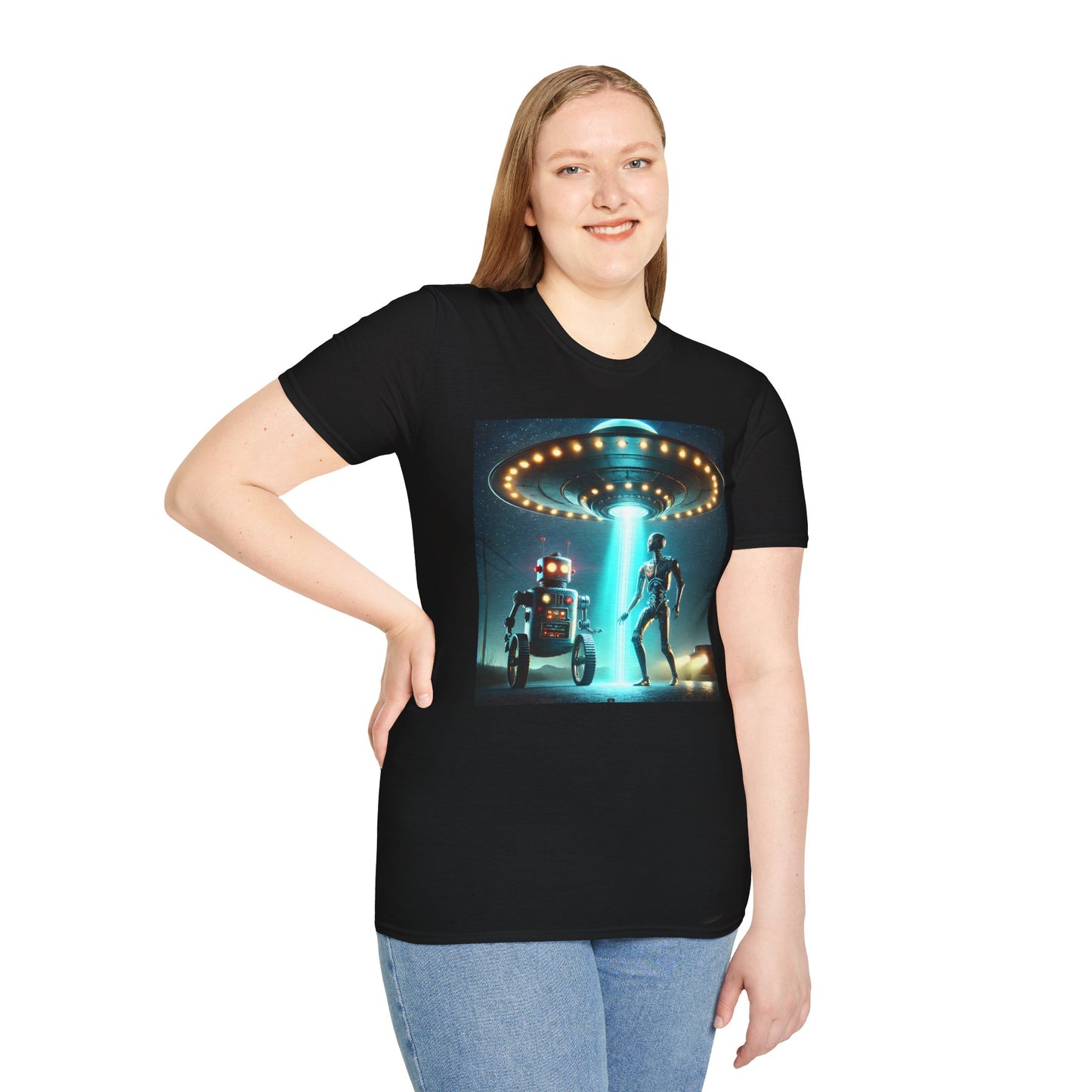 Alien Encounter Unisex Softstyle T-Shirt | Sci-Fi Fan Gift, Superhero Tee, UFO Shirt, Casual Wear, Unique Graphic T-Shirt