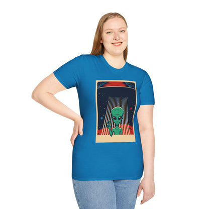 Cosmic Alien Peace Unisex Softstyle T-Shirt, Vintage UFO Tee, Space Lover Gift, Sci-Fi Fan Shirt, Trendy Graphic Tee, GraphicTees, t-shirts