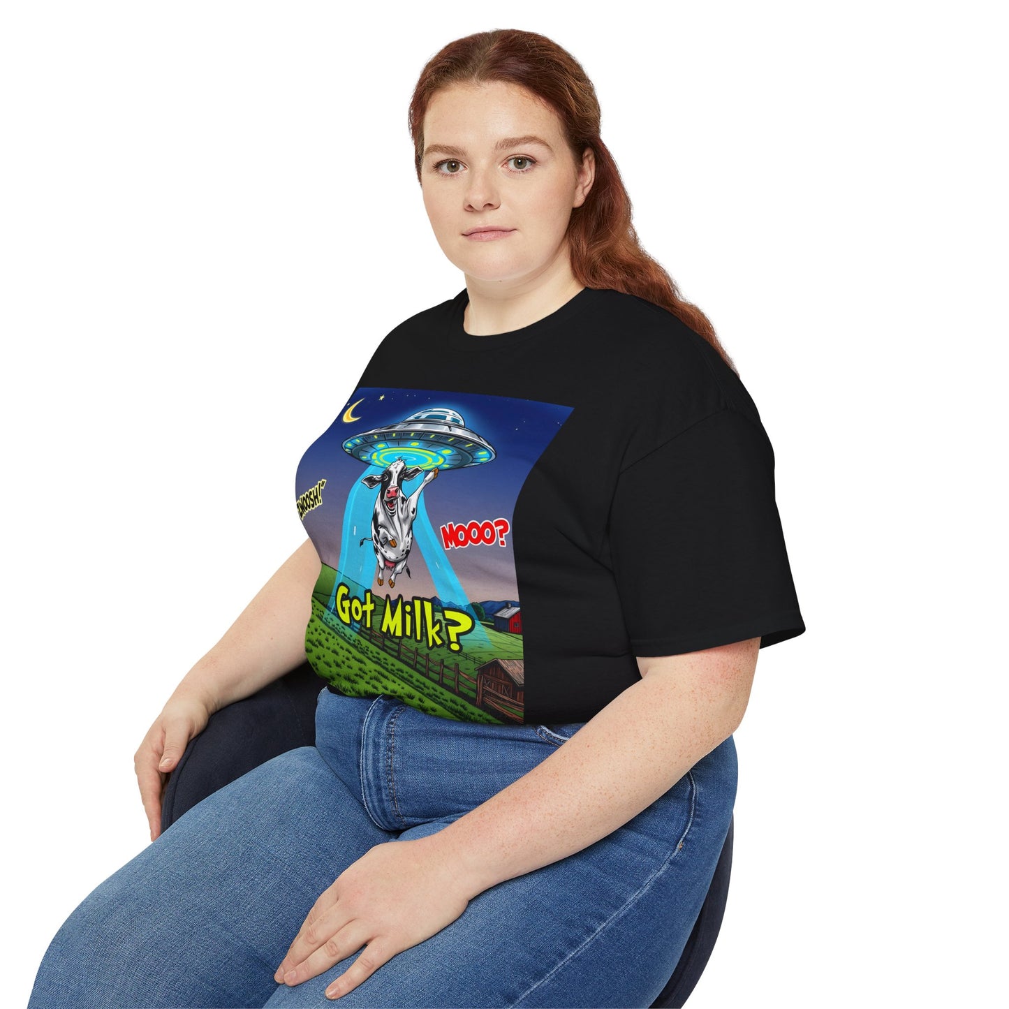 Got Milk? Funny Unisex Ultra Cotton Tee - Humorous Cow and UFO Design, graphic tee, t-shirts, tshirt, png, sublimation