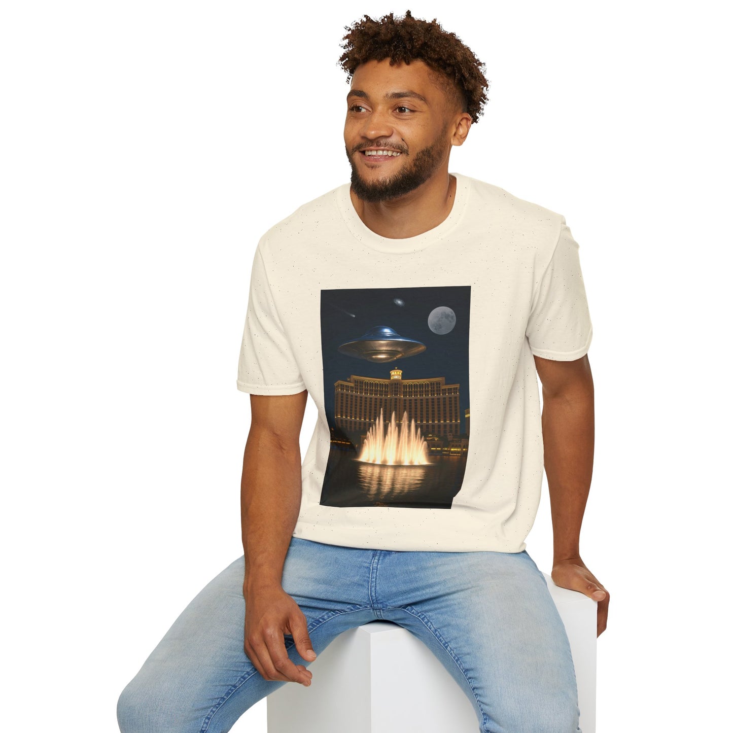 UFO over Las Vegas, Cosmic Vibes Unisex T-Shirt - UFO & Moon Design, Relaxed Fit Tee for Space Lovers, Gift for Sci-Fi Fans, Casual Wear, Everyday Essentials, t-shirt, tshirt, png