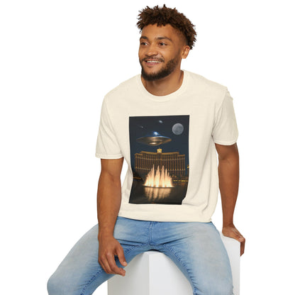 UFO over Las Vegas, Cosmic Vibes Unisex T-Shirt - UFO & Moon Design, Relaxed Fit Tee for Space Lovers, Gift for Sci-Fi Fans, Casual Wear, Everyday Essentials, t-shirt, tshirt, png