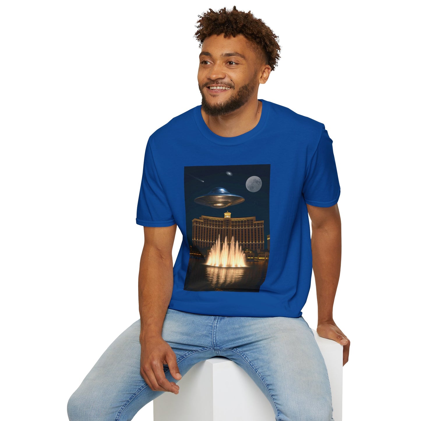 UFO over Las Vegas, Cosmic Vibes Unisex T-Shirt - UFO & Moon Design, Relaxed Fit Tee for Space Lovers, Gift for Sci-Fi Fans, Casual Wear, Everyday Essentials, t-shirt, tshirt, png
