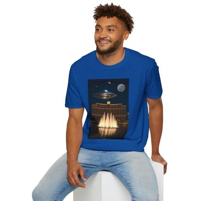 UFO over Las Vegas, Cosmic Vibes Unisex T-Shirt - UFO & Moon Design, Relaxed Fit Tee for Space Lovers, Gift for Sci-Fi Fans, Casual Wear, Everyday Essentials, t-shirt, tshirt, png