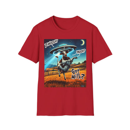 Funny Alien Cow T-Shirt - Got Milk? Unisex Soft style graphic Tee, UFO, galaxies, space, Blackhole, graphic design, png, sublimation