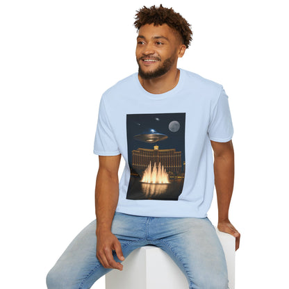 UFO over Las Vegas, Cosmic Vibes Unisex T-Shirt - UFO & Moon Design, Relaxed Fit Tee for Space Lovers, Gift for Sci-Fi Fans, Casual Wear, Everyday Essentials, t-shirt, tshirt, png