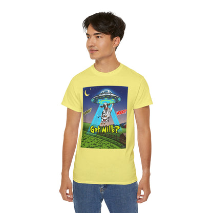Got Milk? Funny Unisex Ultra Cotton Tee - Humorous Cow and UFO Design, graphic tee, t-shirts, tshirt, png, sublimation