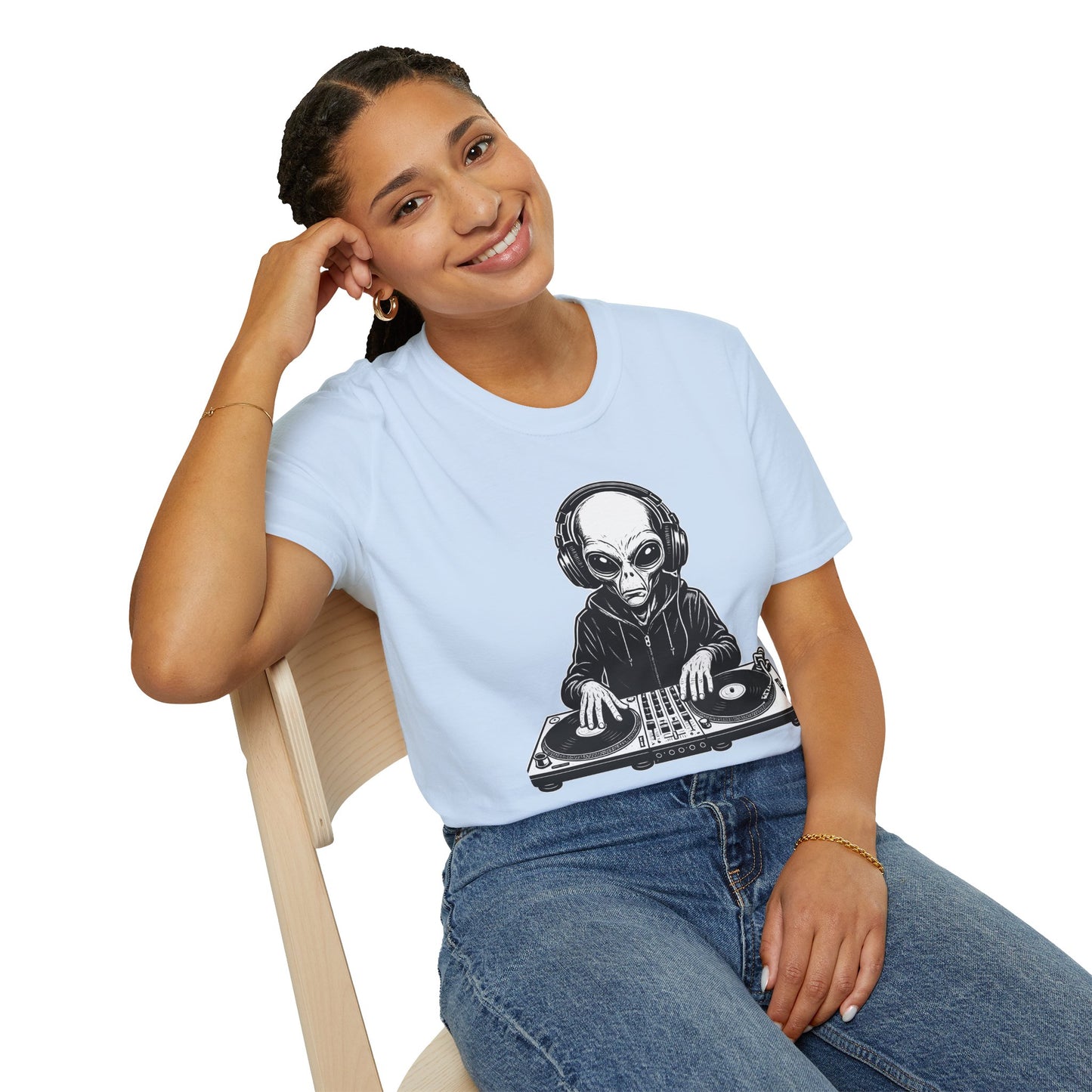 DJ Alien Graphic T-Shirt | Unisex Softstyle Tee for Music Lovers, Gifts for DJs, Cool Casual Wear, Festival Apparel, Unique Alien Design