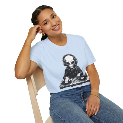 DJ Alien Graphic T-Shirt | Unisex Softstyle Tee for Music Lovers, Gifts for DJs, Cool Casual Wear, Festival Apparel, Unique Alien Design