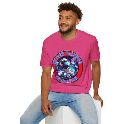United Planets Exploration Astronaut T-Shirt, Science Themed Tee, Outer Space Shirt for Gift, Birthday, Unisex Softstyle Apparel