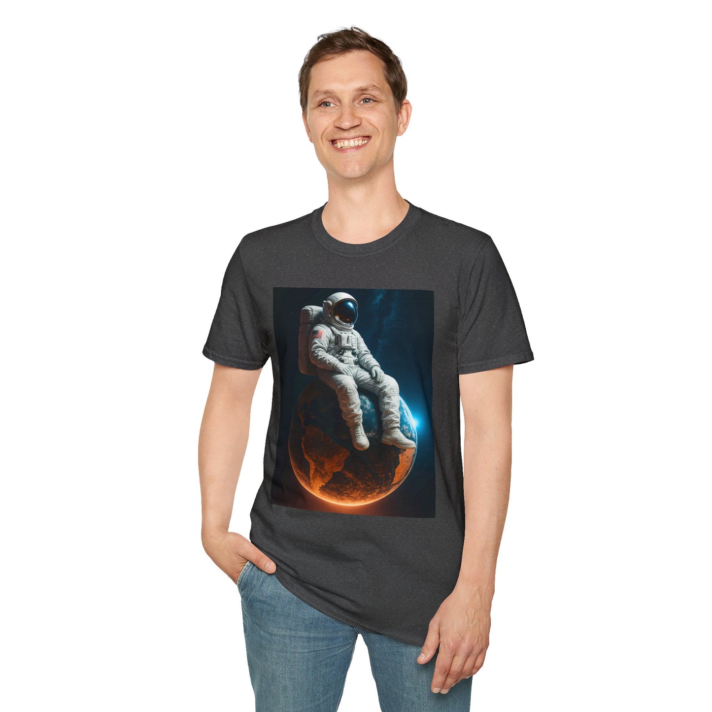 Sitting on an Earth, Cosmic Astronaut T-Shirt, Unisex Graphic Tee, Space Lover Gift, Casual Wear, Astronomy Fan Shirt, Graphic Tee, t-shirt, tshirt, png