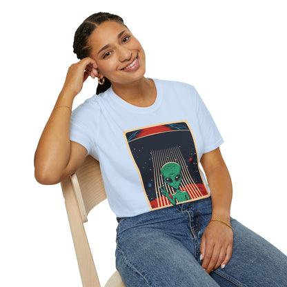 Cosmic Alien Peace Unisex Softstyle T-Shirt, Vintage UFO Tee, Space Lover Gift, Sci-Fi Fan Shirt, Trendy Graphic Tee, GraphicTees, t-shirts
