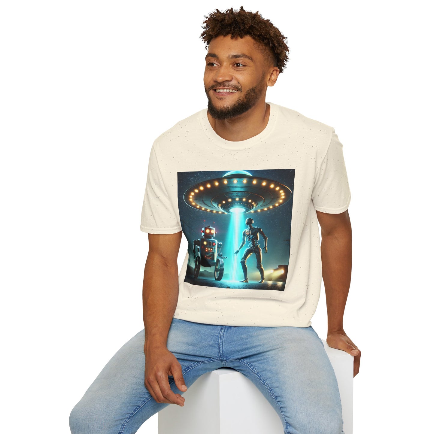 Alien Encounter Unisex Softstyle T-Shirt | Sci-Fi Fan Gift, Superhero Tee, UFO Shirt, Casual Wear, Unique Graphic T-Shirt