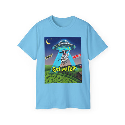 Got Milk? Funny Unisex Ultra Cotton Tee - Humorous Cow and UFO Design, graphic tee, t-shirts, tshirt, png, sublimation