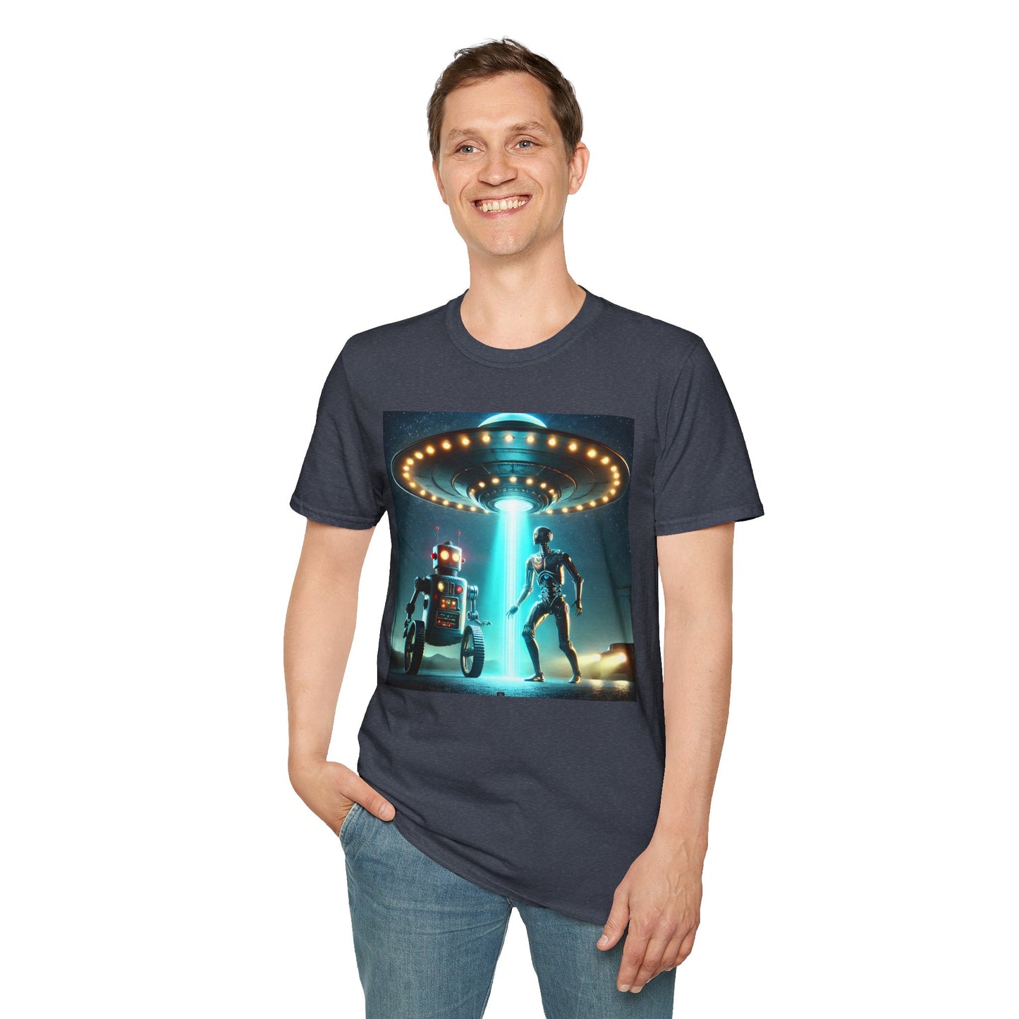 Alien Encounter Unisex Softstyle T-Shirt | Sci-Fi Fan Gift, Superhero Tee, UFO Shirt, Casual Wear, Unique Graphic T-Shirt