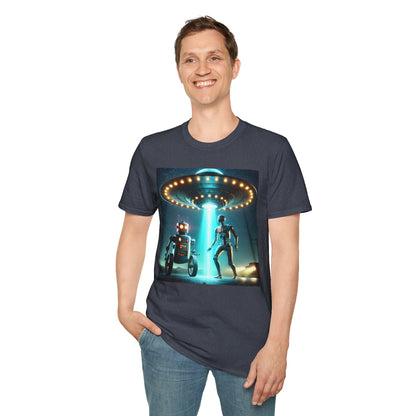 Alien Encounter Unisex Softstyle T-Shirt | Sci-Fi Fan Gift, Superhero Tee, UFO Shirt, Casual Wear, Unique Graphic T-Shirt