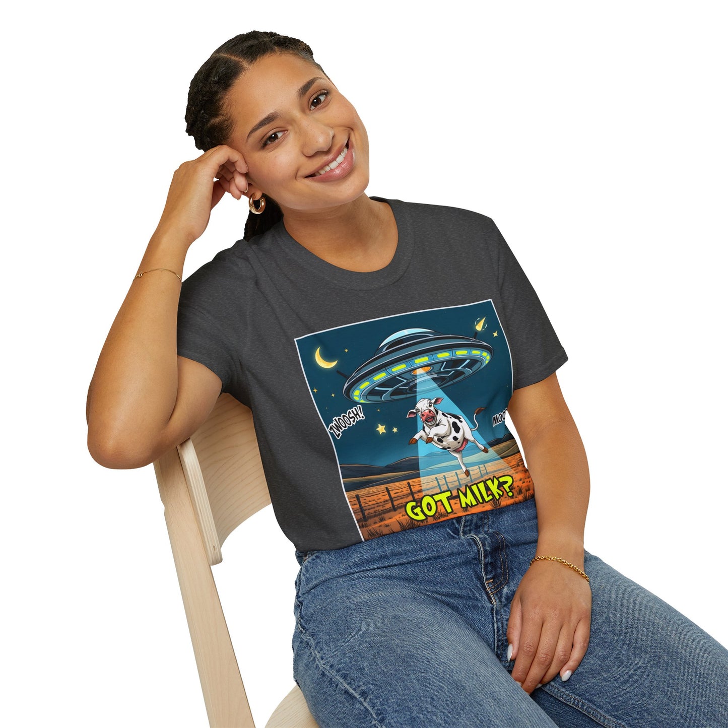 Got Milk? Cow UFO Unisex Softstyle T-Shirt – Fun Graphic Tee for Dairy Lovers, graphic tees, t-shirt, tshirt, graphic design, png
