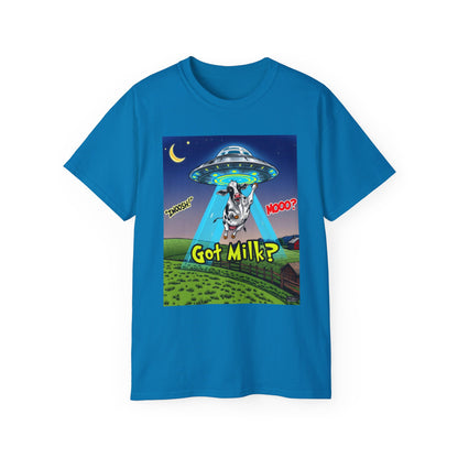 Got Milk? Funny Unisex Ultra Cotton Tee - Humorous Cow and UFO Design, graphic tee, t-shirts, tshirt, png, sublimation