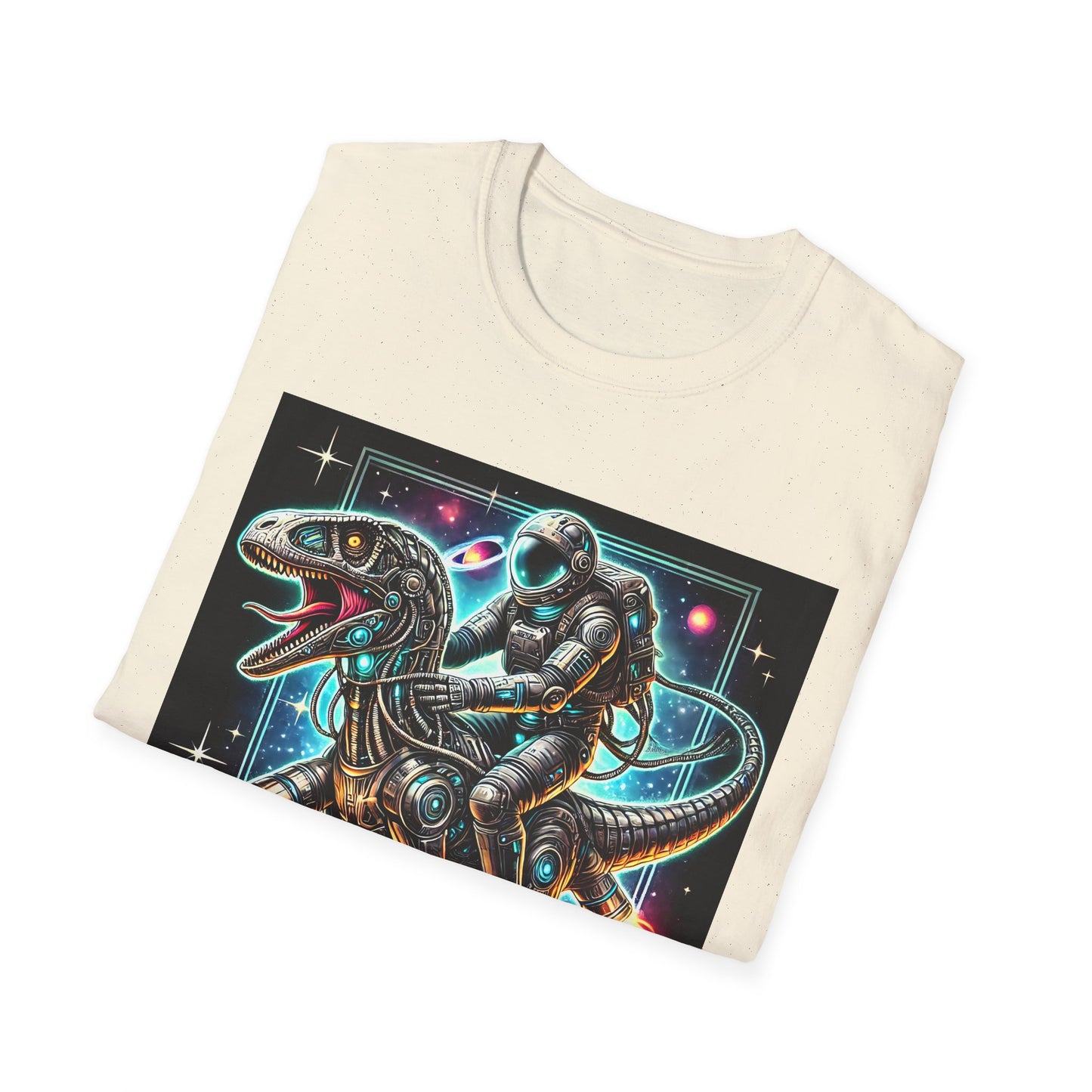 Cosmic Dinosaur Rider Softstyle T-Shirt | Fun Graphic Tee, Unique Gift, Space Lover Shirt, Sci-Fi Enthusiast Apparel