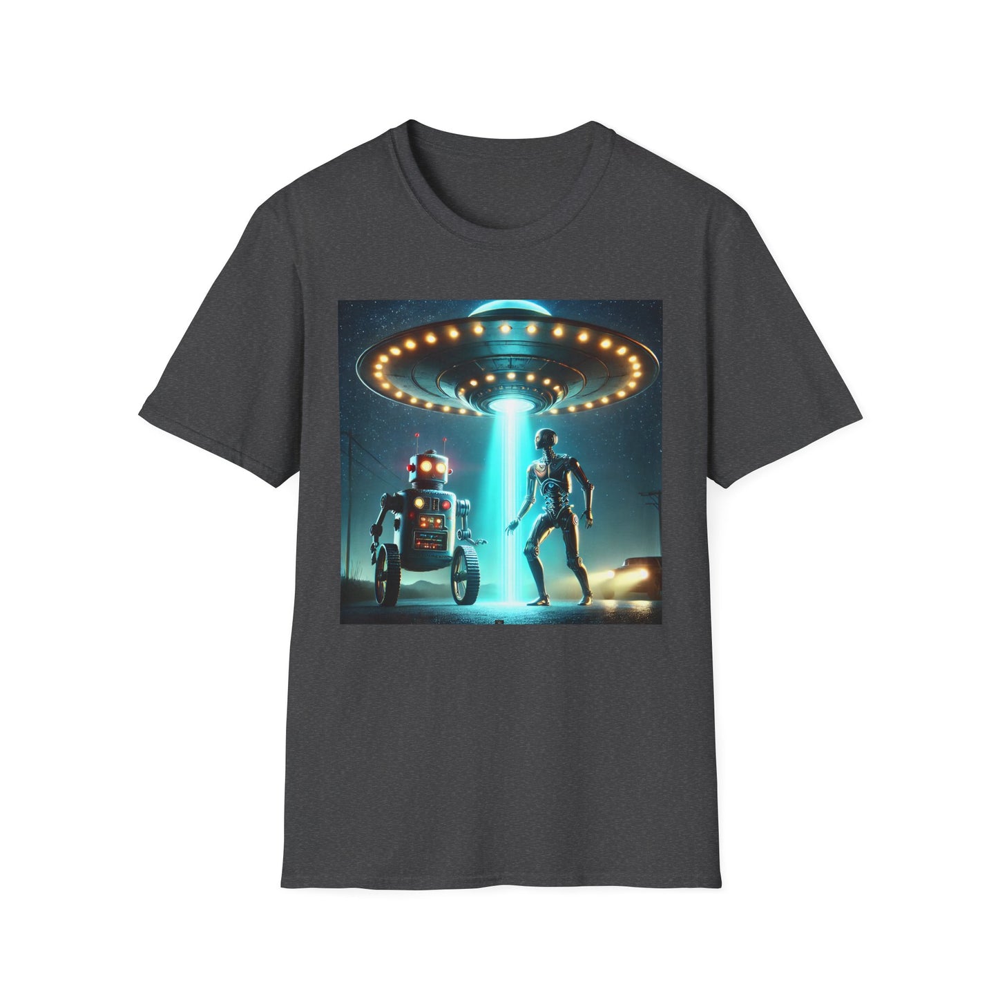 Alien Encounter Unisex Softstyle T-Shirt | Sci-Fi Fan Gift, Superhero Tee, UFO Shirt, Casual Wear, Unique Graphic T-Shirt
