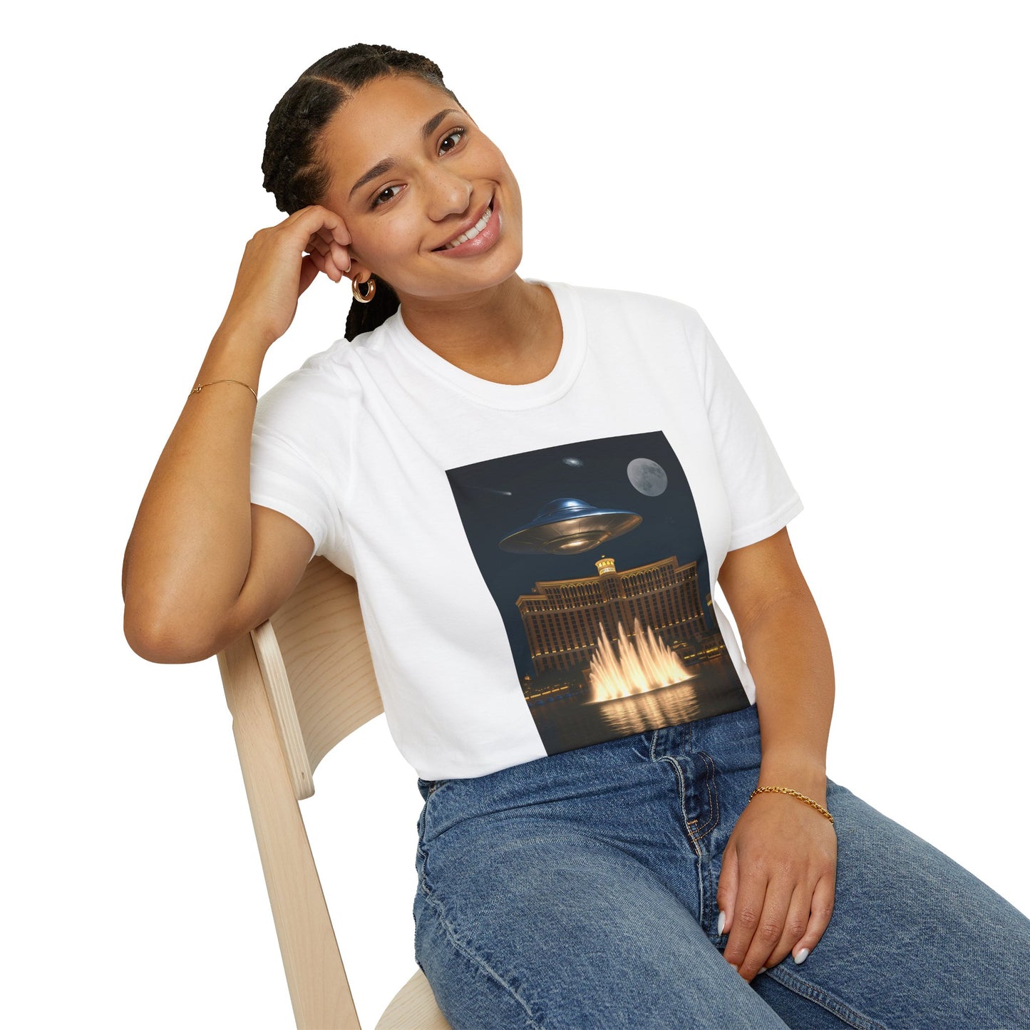 UFO over Las Vegas, Cosmic Vibes Unisex T-Shirt - UFO & Moon Design, Relaxed Fit Tee for Space Lovers, Gift for Sci-Fi Fans, Casual Wear, Everyday Essentials, t-shirt, tshirt, png