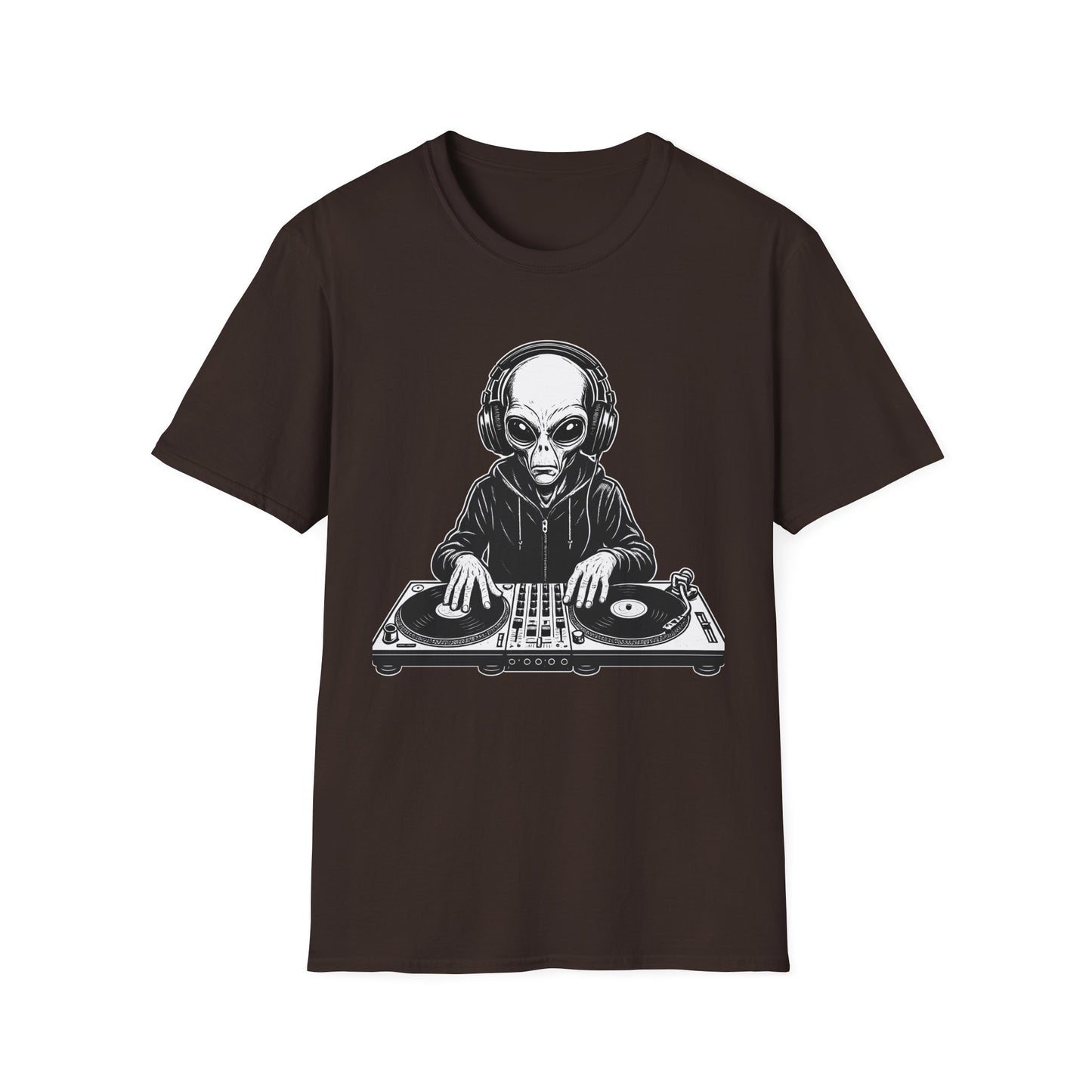 DJ Alien Graphic T-Shirt | Unisex Softstyle Tee for Music Lovers, Gifts for DJs, Cool Casual Wear, Festival Apparel, Unique Alien Design