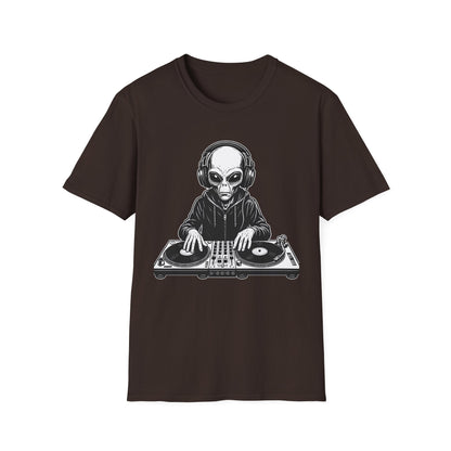 DJ Alien Graphic T-Shirt | Unisex Softstyle Tee for Music Lovers, Gifts for DJs, Cool Casual Wear, Festival Apparel, Unique Alien Design