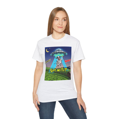 Got Milk? Funny Unisex Ultra Cotton Tee - Humorous Cow and UFO Design, graphic tee, t-shirts, tshirt, png, sublimation