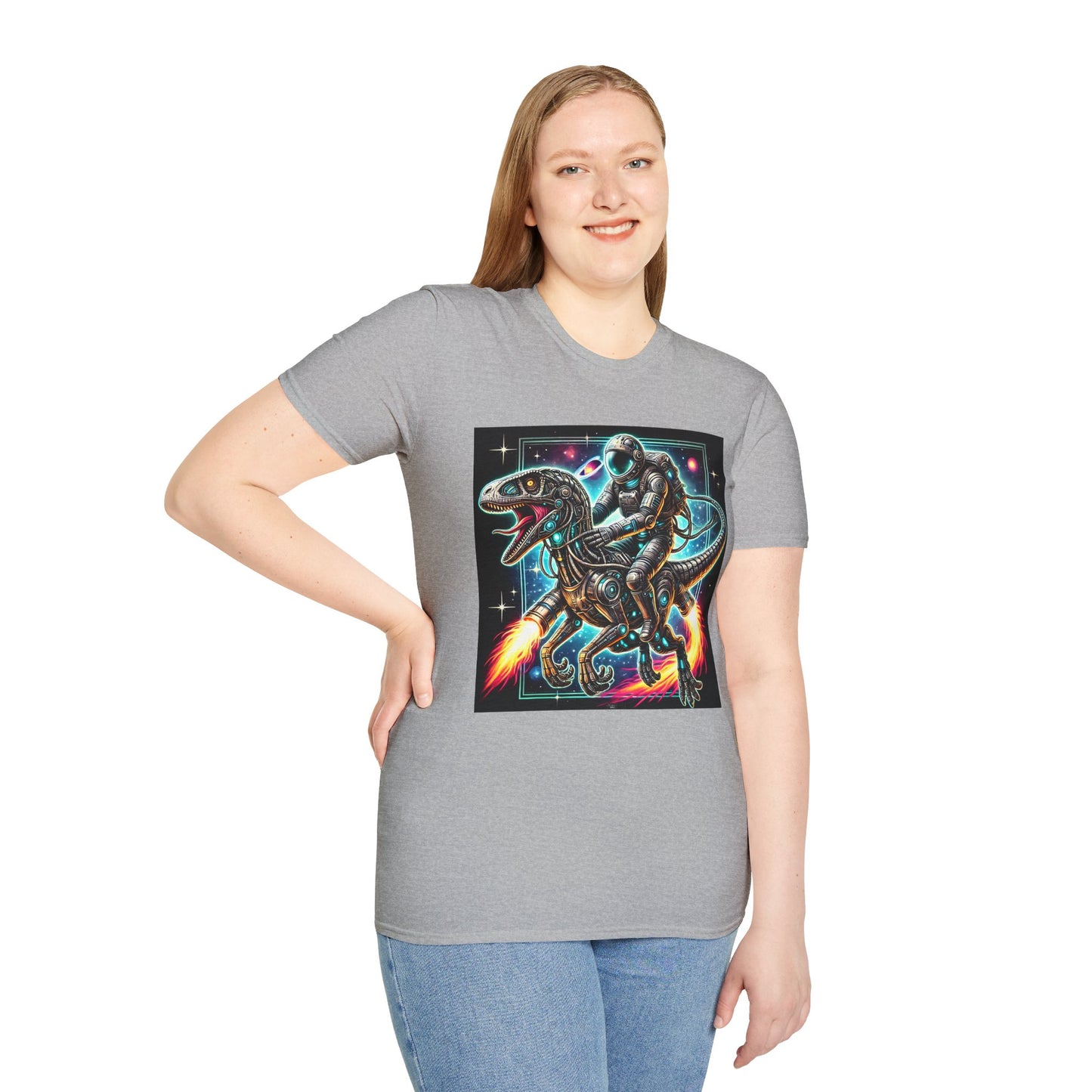 Cosmic Dinosaur Rider Softstyle T-Shirt | Fun Graphic Tee, Unique Gift, Space Lover Shirt, Sci-Fi Enthusiast Apparel