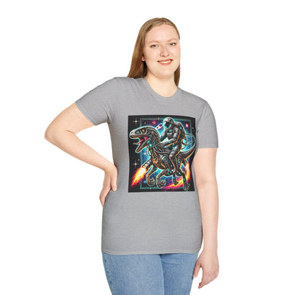 Cosmic Dinosaur Rider Softstyle T-Shirt | Fun Graphic Tee, Unique Gift, Space Lover Shirt, Sci-Fi Enthusiast Apparel