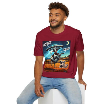 Funny Alien Cow T-Shirt - Got Milk? Unisex Soft style graphic Tee, UFO, galaxies, space, Blackhole, graphic design, png, sublimation