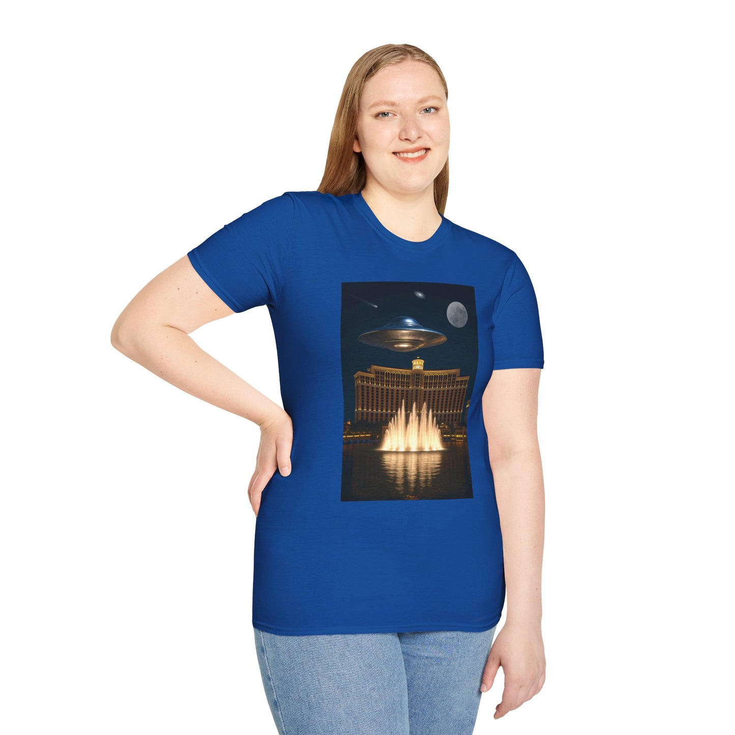 UFO over Las Vegas, Cosmic Vibes Unisex T-Shirt - UFO & Moon Design, Relaxed Fit Tee for Space Lovers, Gift for Sci-Fi Fans, Casual Wear, Everyday Essentials, t-shirt, tshirt, png